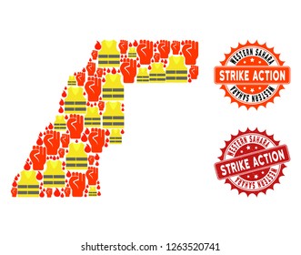 Strike action combination of revolting map of Western Sahara, grunge and clean seal stamps. Map of Western Sahara collage formed for Gilet Jaunes protest illustrations.