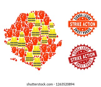 Strike action combination of revolting map of Sierra Leone, grunge and clean stamps. Map of Sierra Leone collage created for Gilet Jaunes protest illustrations.