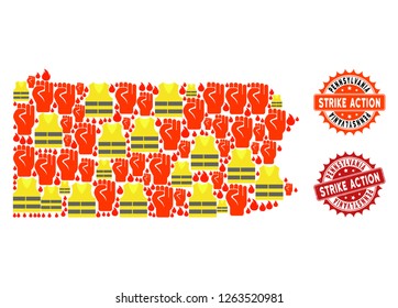 Strike action combination of revolting map of Pennsylvania State, grunge and clean seal stamps. Map of Pennsylvania State collage formed for Gilet Jaunes protest illustrations.