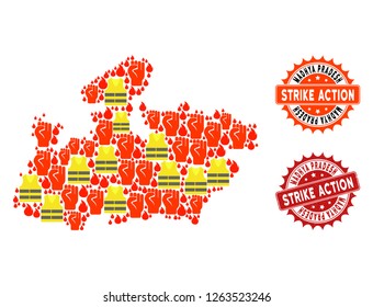 Strike action combination of revolting map of Madhya Pradesh State, grunge and clean seals. Map of Madhya Pradesh State collage designed for Gilet Jaunes protest illustrations.