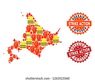 Strike action combination of revolting map of Japanese Hokkaido, grunge and clean seal stamps. Map of Japanese Hokkaido collage composed for Gilet Jaunes protest illustrations.