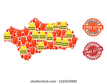 Strike action combination of revolting map of Andalusia Province, grunge and clean seals. Map of Andalusia Province collage composed for Gilet Jaunes protest illustrations.