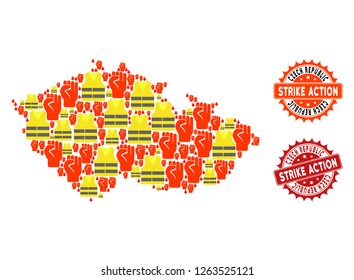 Strike action combination of revolting map of Czech Republic, grunge and clean seal stamps. Map of Czech Republic collage designed for Gilet Jaunes protest illustrations.