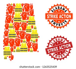 Strike action combination of revolting map of Alabama State, grunge and clean seal stamps. Map of Alabama State collage designed for Gilet Jaunes protest illustrations.