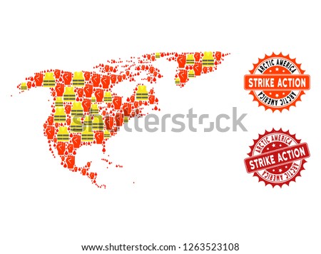 Strike action combination of revolting map of North America and Greenland, grunge and clean seal stamps. Map of North America and Greenland collage composed for Gilet Jaunes protest illustrations.
