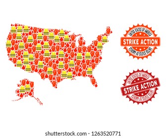 Strike action composition of revolting map of USA and Alaska, grunge and clean seals. Map of USA and Alaska collage created for Gilet Jaunes protest illustrations.