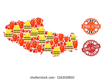 Strike action composition of revolting map of Tibet, grunge and clean seals. Map of Tibet collage composed for Gilet Jaunes protest illustrations.
