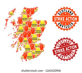 Strike action composition of revolting map of Scotland, grunge and clean seals. Map of Scotland collage composed for Gilet Jaunes protest illustrations.
