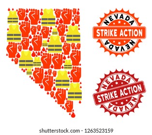 Strike action composition of revolting map of Nevada State, grunge and clean stamps. Map of Nevada State collage composed for Gilet Jaunes protest illustrations.