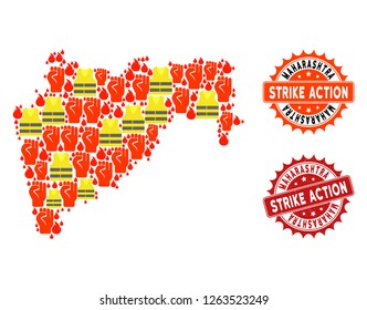 Strike action composition of revolting map of Maharashtra State, grunge and clean stamps. Map of Maharashtra State collage created for Gilet Jaunes protest illustrations.