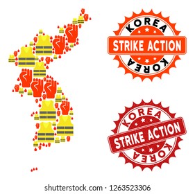 Strike action composition of revolting map of Korea, grunge and clean seal stamps. Map of Korea collage designed for Gilet Jaunes protest illustrations.
