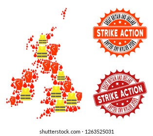 Strike action composition of revolting map of Great Britain and Ireland, grunge and clean seal stamps. Map of Great Britain and Ireland collage formed for Gilet Jaunes protest illustrations.