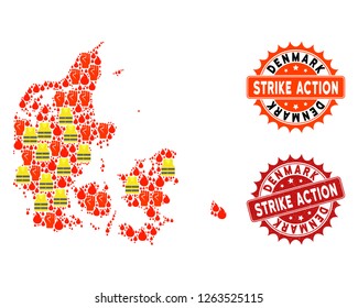 Strike action composition of revolting map of Denmark, grunge and clean seals. Map of Denmark collage created for Gilet Jaunes protest illustrations.