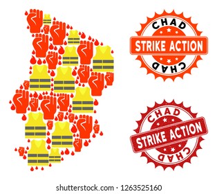 Strike action composition of revolting map of Chad, grunge and clean seal stamps. Map of Chad collage created for Gilet Jaunes protest illustrations.