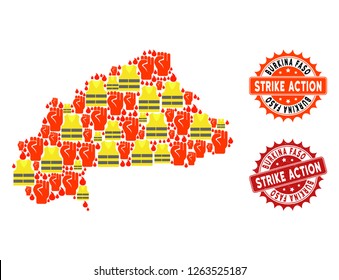 Strike action composition of revolting map of Burkina Faso, grunge and clean seal stamps. Map of Burkina Faso collage created for Gilet Jaunes protest illustrations.