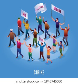 Strike activists protesting with flags and banners illustration isometric icons on blue isolated background