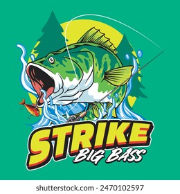 Strike Big Bass Fish Sport Splash River Vector Cartoon for T-Shirt Graphic Design Colorful Illustration