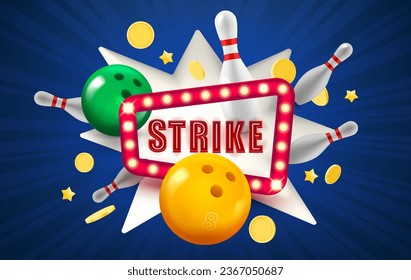 Strike concept with flying skittles and balls. 3d vector illustration