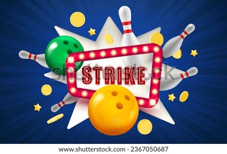 Strike concept with flying skittles and balls. 3d vector illustration