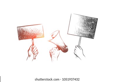 Strike concept. Hand drawn hands with megaphone and posters. Hands of people at street strike isolated vector illustration.