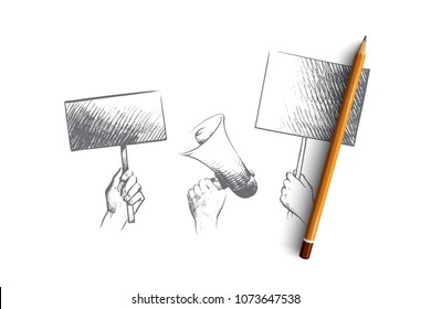 Strike concept. Hand drawn hands with megaphone and posters. Hands of people at street strike isolated vector illustration.