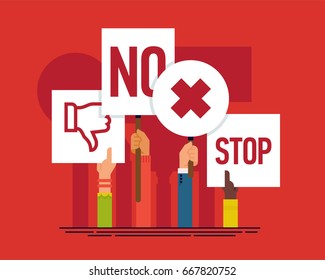 Strike concept vector illustration. Diverse group of protester hands holding abstract signs of disagreement. Abstract discontent people demonstration