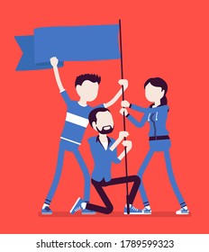 Strike demonstration group with flag protest or victory symbol. Social active gathering, people meeting for public picketing, political campaign for workers. Vector creative stylized illustration