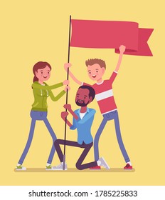 Strike demonstration group with red flag protest or victory symbol. Social active gathering, people meeting for public picketing, political campaign for workers. Vector flat style cartoon illustration