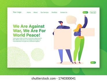 Strike or demonstration, human right concept for landing page template. Protesting people with placards and signboard. Characters stand with banner on demonstration picket, riot. Flat cartoon vector.