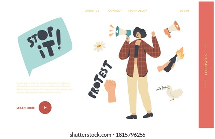 Strike or Demonstration Landing Page Template. Female Character Protesting with Loudspeaker on Rally Against Election, War or Candidate Voting for Human Rights and Peace. Linear Vector Illustration