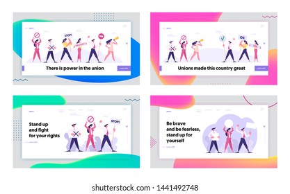 Strike or Demonstration Website Landing Page Set, Protesting People Against Election or Candidate Voting Holding Placards Banners Signs, Protest Web Page, Cartoon Flat Vector Illustration, Banner