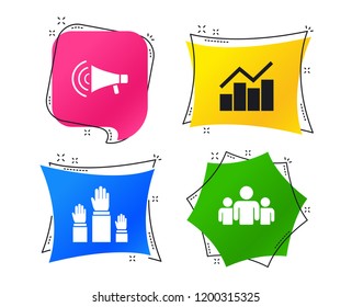 Strike group of people icon. Megaphone loudspeaker sign. Election or voting symbol. Hands raised up. Geometric colorful tags. Banners with flat icons. Trendy design. Vector