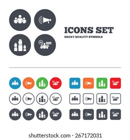 Strike group of people icon. Megaphone loudspeaker sign. Election or voting symbol. Hands raised up. Web buttons set. Circles and squares templates. Vector