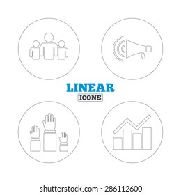 Strike group of people icon. Megaphone loudspeaker sign. Election or voting symbol. Hands raised up. Linear outline web icons. Vector