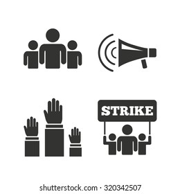 Strike Group Of People Icon. Megaphone Loudspeaker Sign. Election Or Voting Symbol. Hands Raised Up. Flat Icons On White. Vector