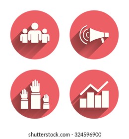 Strike group of people icon. Megaphone loudspeaker sign. Election or voting symbol. Hands raised up. Pink circles flat buttons with shadow. Vector