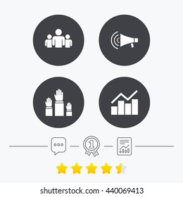 Strike group of people icon. Megaphone loudspeaker sign. Election or voting symbol. Hands raised up. Chat, award medal and report linear icons. Star vote ranking. Vector