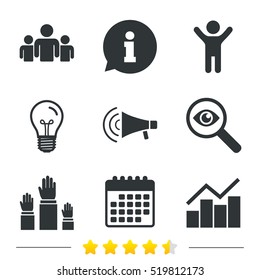 Strike group of people icon. Megaphone loudspeaker sign. Election or voting symbol. Hands raised up. Information, light bulb and calendar icons. Investigate magnifier. Vector