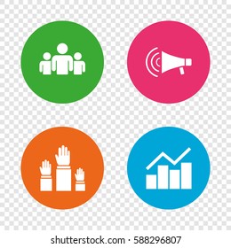Strike group of people icon. Megaphone loudspeaker sign. Election or voting symbol. Hands raised up. Round buttons on transparent background. Vector