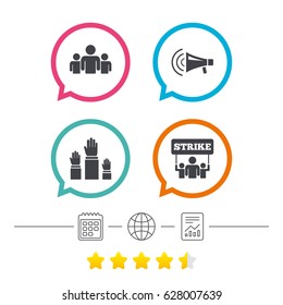 Strike group of people icon. Megaphone loudspeaker sign. Election or voting symbol. Hands raised up. Calendar, internet globe and report linear icons. Star vote ranking. Vector
