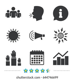 Strike group of people icon. Megaphone loudspeaker sign. Election or voting symbol. Hands raised up. Information, go to web and calendar icons. Sun and loud speak symbol. Vector