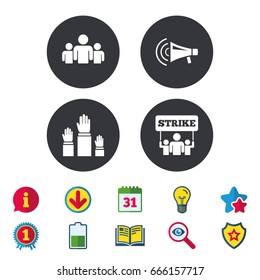Strike group of people icon. Megaphone loudspeaker sign. Election or voting symbol. Hands raised up. Calendar, Information and Download signs. Stars, Award and Book icons. Vector