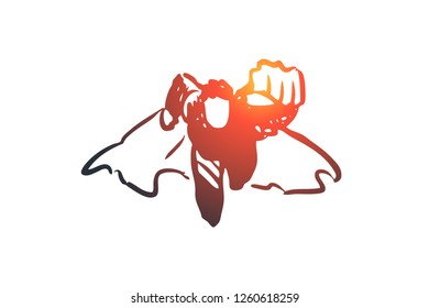 Strike, hand, fist, protest, superman concept. Hand drawn superhero in coat flying concept sketch. Isolated vector illustration.