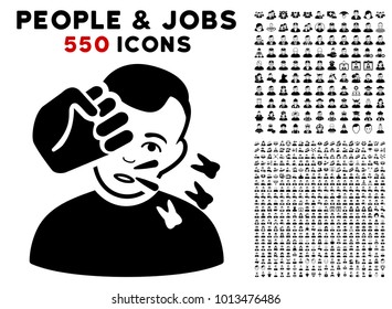 Strike icon with 550 bonus pity and happy jobs pictures. Vector illustration style is flat black iconic symbols.