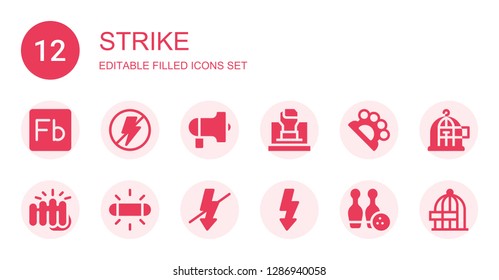 strike icon set. Collection of 12 filled strike icons included Flash, Protest, Fist, Brass knuckles, Bowling, Freedom