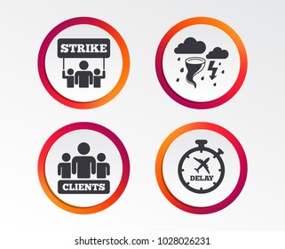 Strike icon. Storm bad weather and group of people signs. Delayed flight symbol. Infographic design buttons. Circle templates. Vector