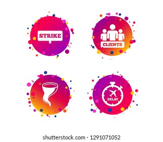Strike icon. Storm bad weather and group of people signs. Delayed flight symbol. Gradient circle buttons with icons. Random dots design. Vector