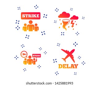 Strike icon. Storm bad weather and group of people signs. Delayed flight symbol. Random dynamic shapes. Gradient storm icon. Vector