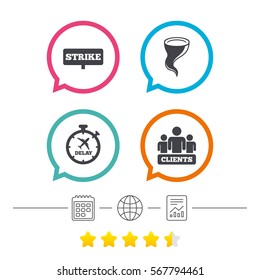 Strike icon. Storm bad weather and group of people signs. Delayed flight symbol. Calendar, internet globe and report linear icons. Star vote ranking. Vector