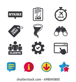 Strike icon. Storm bad weather and group of people signs. Delayed flight symbol. Browser window, Report and Service signs. Binoculars, Information and Download icons. Stars and Chat. Vector